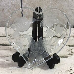 Heart Shaped Glass Candy Dish Trinket Dish Hummingbird Rose Print 7”